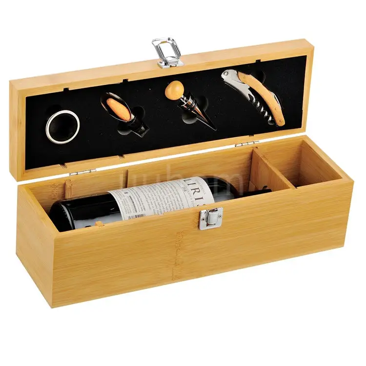 Bamboo Wine Opener Box Set Single Bottle Gift Case with Hinged Lid & Secure Clasp Wooden Wine Case with Tools