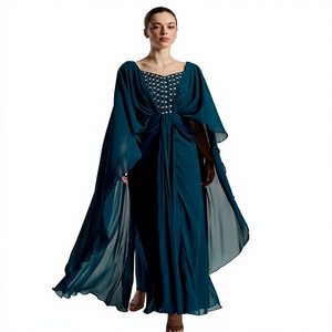 Vestido de noche de gasa color verde azulado con cuello corazón, manga larga, con cuentas, diseño cruzado, antiarrugas, sujetador incorporado, elegante, largo hasta el suelo, estilo tubo. - Product Image 1