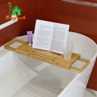 Plateau extensible en bambou pour baignoire avec porte-savon, fente pour verre à vin, porte-livre pour smartphone et tablette