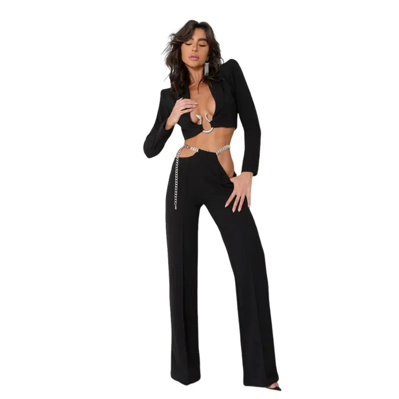 A7086 Hot Selling Luxury Sexy Women Suits Black Crop Tops And Long Pants Women Two Pieces Casual Suits