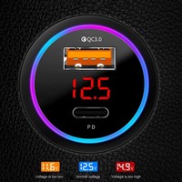 Cargador de Coche PD+USB QC3.0 38W, Cargador Rápido para Teléfono, Adaptador para Encendedor de Cigarrillos de 12-24V con Pantalla LED de Voltímetro