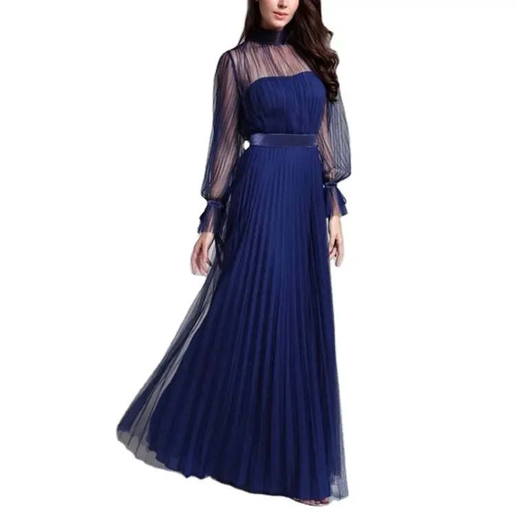 Blue Mesh Straight Floor-length Lantern Tulle Polyester Ball Gown High Full Long Sleeve O-neck Blue Evening Party Prom Dresses