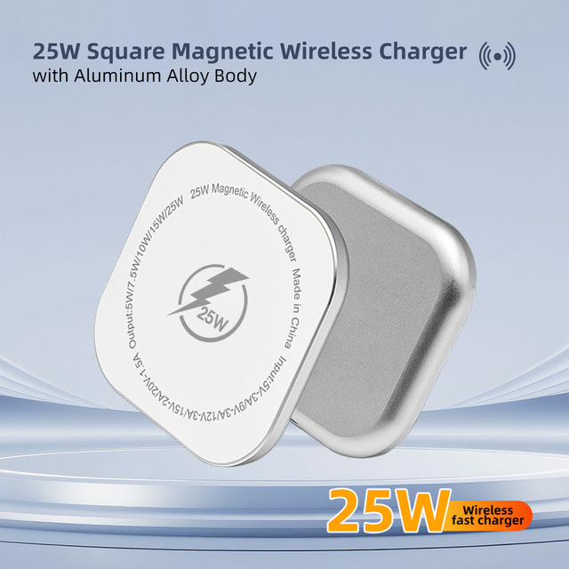 25W Square Aluminum Alloy Magnetic Wireless Charger 1M Type-C Cable Fast Charging Pad for 15/16/17 Fireproof Mobile Phone