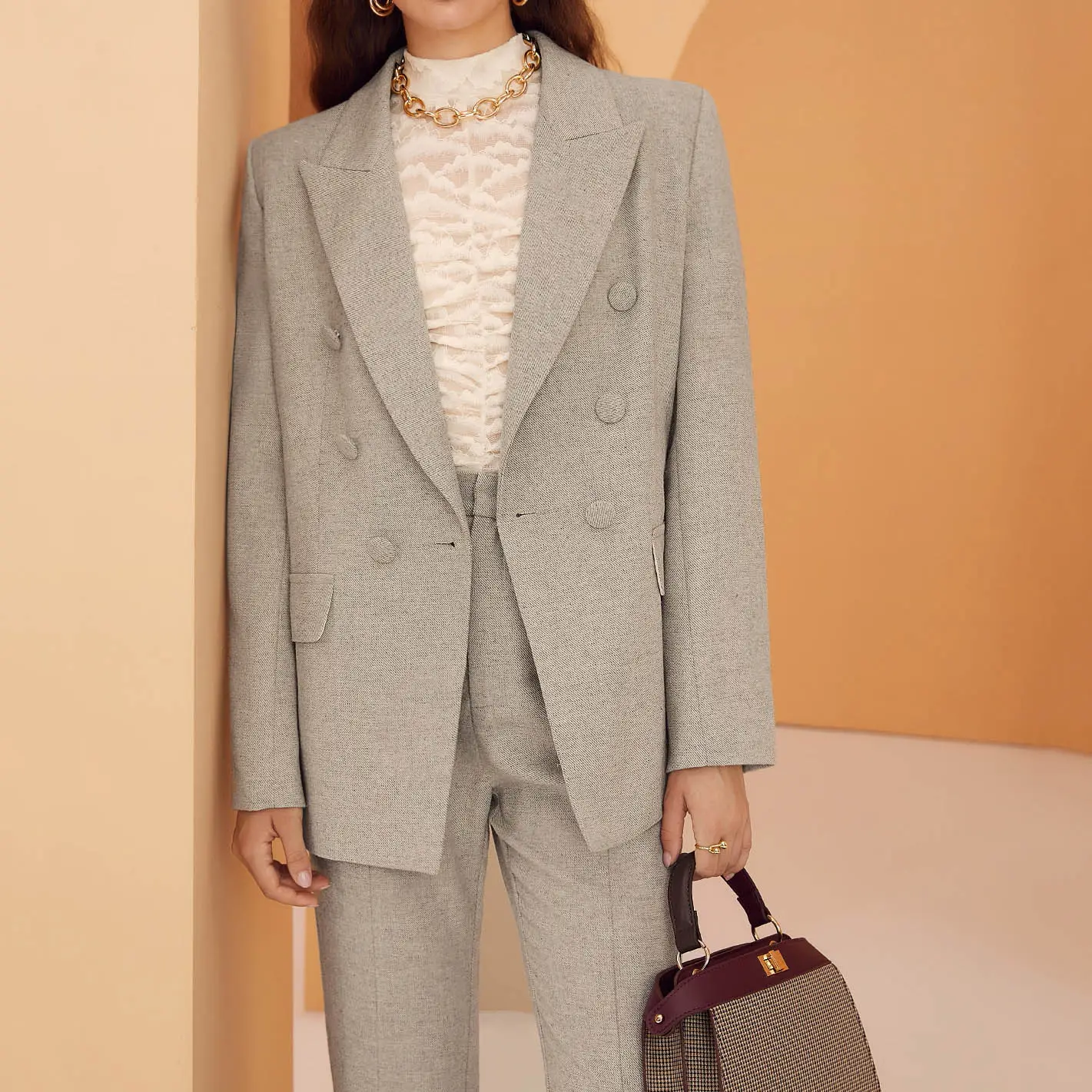 Şifon kontrast orta uzunlukta takım elbise ceket 2024 bayan, ofis bayanlar için koleksiyon moda Blazers/