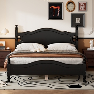 Hot Sale Queen Size Wood <b>Platform</b> <b>Bed</b> <b>Frame</b>,Retro Style <b>Platform</b> <b>Bed</b> with Wooden Slat Support,Black - Product Image 1