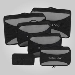 Cubes de rangement pliables pour bagages de voyage personnalisés en couleur noire, ensemble de 6 pièces, organisateur de vêtements en maille avec logo - Product Image 1