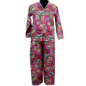 Indian Block Printed Cotton Pyjama Set Women Cotton Pajama Loungewear Hand Block Print Gifts for Her Night Suit with Bag