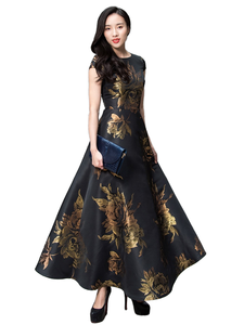 Vestido Maxi de Verano para Mujer, Elegante, Vintage, Bohemio, Floral, Jacquard, Bordado, de Poliéster, Corte A, Estilo Vestido de Gala, Natural - Product Image 1
