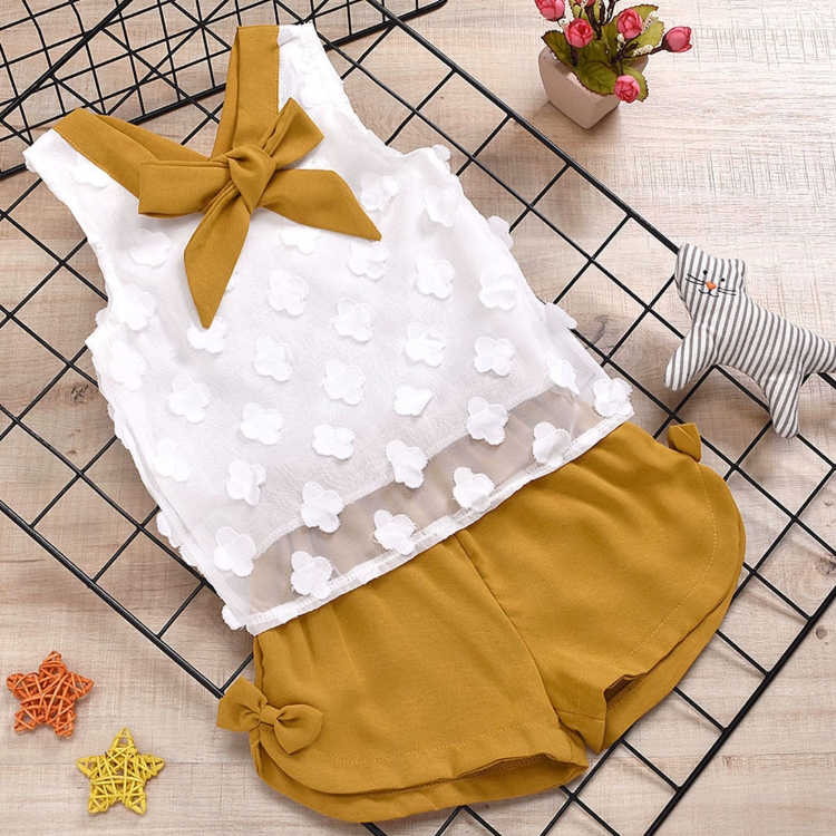 Одежда для маленьких девочек Горячие летние комплекты детской одежды для девочек Детская одежда Bay Шифоновое пальто и брюки с бантом для малышей