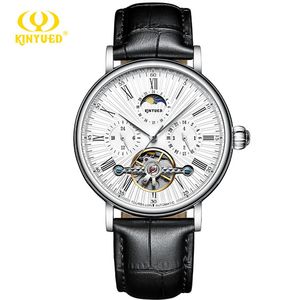Montres classiques pour hommes <span class=keywords><strong>KINYUED</strong></span>, montres mécaniques automatiques rétro, étanches, tourbillon, horloge, cuir véritable, montres à phases lunaires - Product Image 6