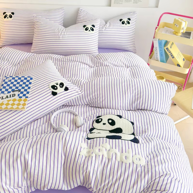 Striped Bedding Set Full Size Cartoon Duvet Cover for Kids Purple Bed Sheet Set Single Size Panda Towel Embroidery Bedding Sets