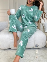 Pyjama décontracté pour femmes à motif de lapin de dessin animé, en flanelle douce, en velours corail, à manches longues, tenue confortable et chaude pour l'hiver
