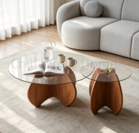 Ensemble de tables basses rondes en verre modernes, base en bois massif incurvée, table centrale minimaliste pour salon, meubles de maison