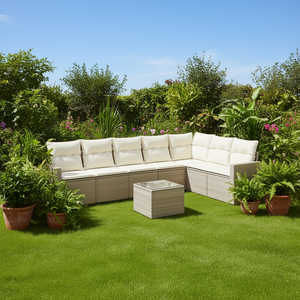 Conjunto de Sofá de Jardín de Ratán Beige con Estructura de Acero y Vidrio Templado, Muebles de Exterior de Diseño Contemporáneo para 6 Personas - Product Image 2