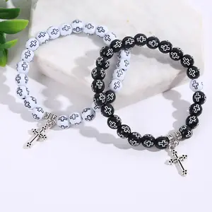 Christian Black And White Cross Bead Bracelet Men And Women Rosary Long Distance Bracelet For Couples