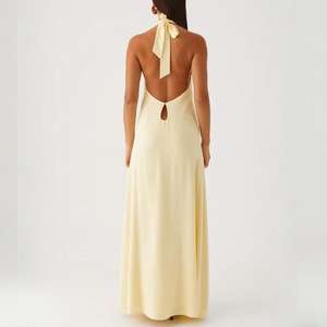 कस्टम आकस्मिक गर्मी चमक आस्तीन ठोस पीले हल्टर कॉलर बैकलेस साम्राज्य कमर सांस लेने योग्य पर्यावरण अनुकूल सूती लिनन मैक्सी - Product Image 3