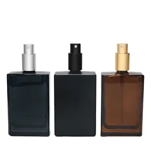 Frasco de perfume 30ml 50ml 100ml quadrado âmbar transparente fosco preto fragrância garrafas de vidro óleo com névoa fina ouro pulverizador cap