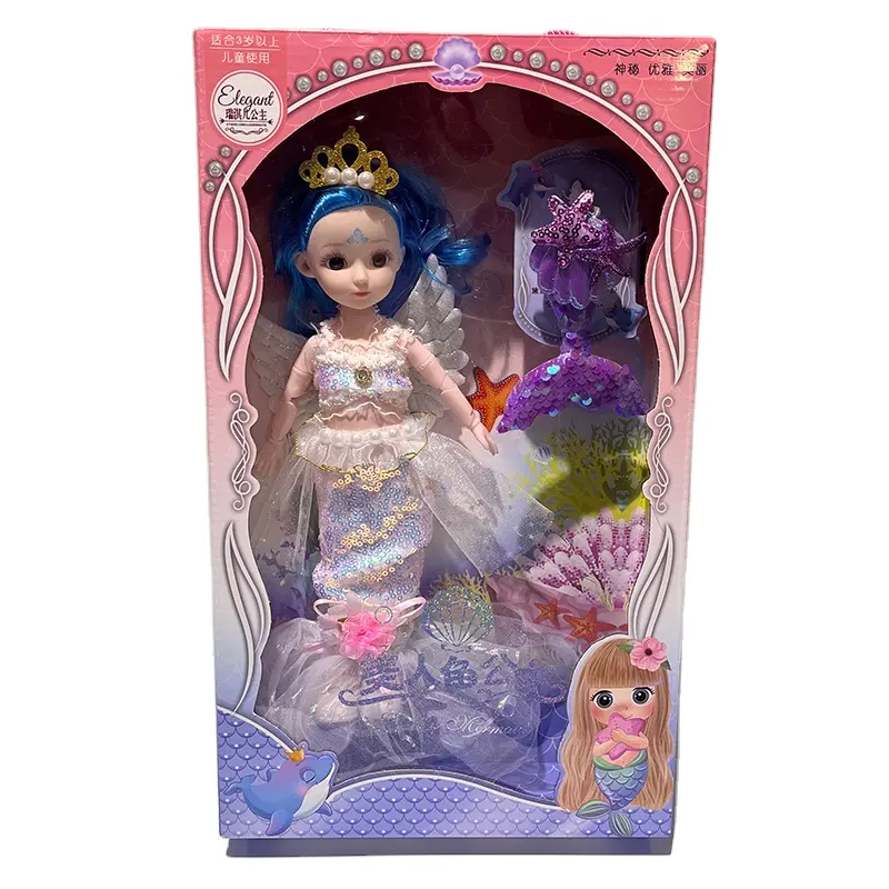 Dernières ventes de jouets de poupée solides de 12 pouces pour les filles. Le thème de la sirène comprend un ensemble mixte de couvre-chef de petits poissons et de musique légère