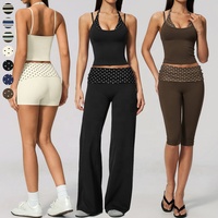 Set Yoga dengan Pinggang Bergaris, Atasan Tank Top Halter, Celana Panjang Pinggang Tinggi, Celana Pendek Biker, Pakaian Olahraga Aktif untuk Wanita