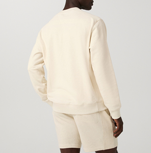 Men's Cream Crew Neck Sweatshirt <b>Set</b> Regular Fit 100% Cotton Solid Color Minimalist Spring Wear Breathable Full Sleeve Shorts - Product Image 5