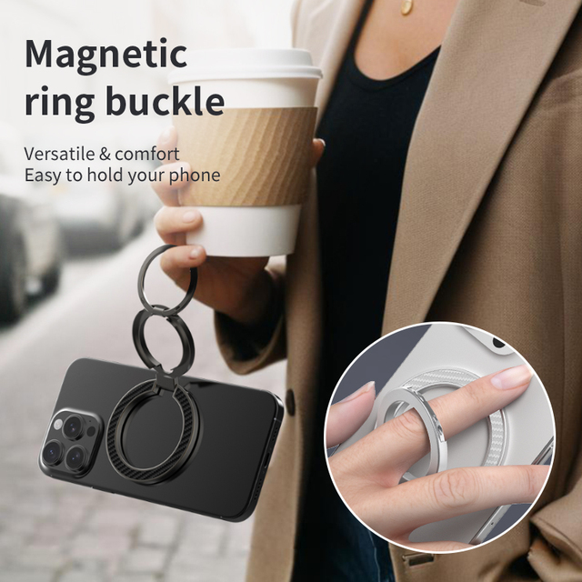Dual Axis Tri Fold Gunmetal Magnetic Phone Ring Stand Holder Lightweight Zinc Alloy Finger Grip 360 Rotating Kickstand