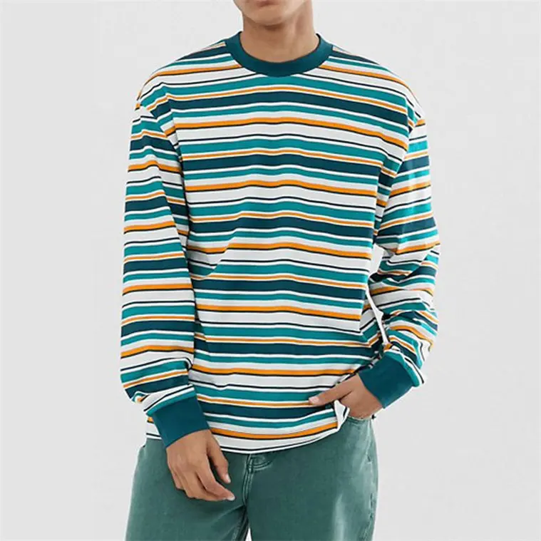 2023 OEM Summer custom stripe design 100% cotton Vintage long sleeve vintage stripe tee T-shirts