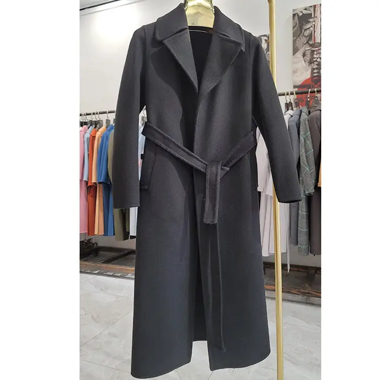 women Winter warm lapel trenched long wool cashmere coat with belt