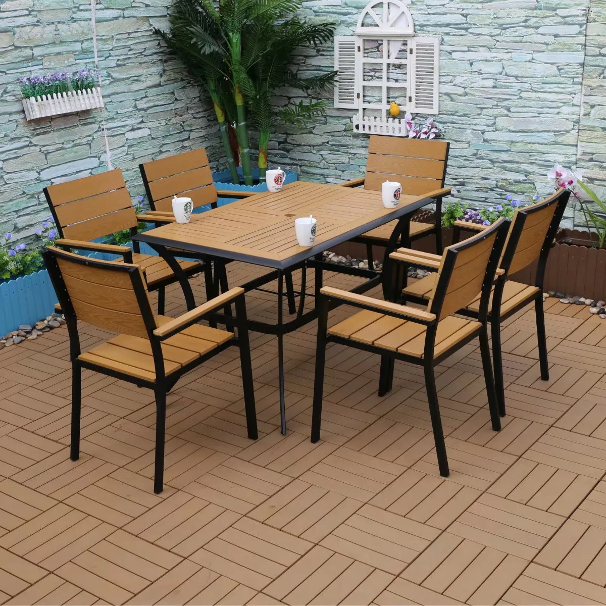 Outdoor poly wooden dining table and chairs Wood plastic furniture