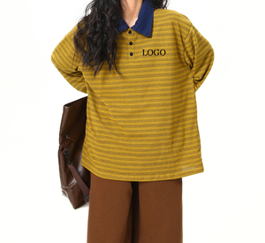 Garment Manufacturer Custom High Quality 100%cotton Maillard Striped <strong>Ladies</strong> <strong>POLO</strong> <strong>Shirt</strong> American Vintage <strong>Ladies</strong> <strong>Long</strong> <strong>Sleeve</strong> <strong>Shirt</strong> - Product Image 2