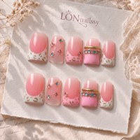 Lot de 10 faux ongles français courts en acrylique faits à la main, courbés en bec de canard, couvrance totale, PMMA 3D doré, OEM