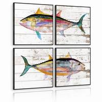 Lot de 4 tableaux encadrés sur toile, thème thon, cadre noir, peinture aquarelle, décoration côtière nautique pour restaurant et hôtel