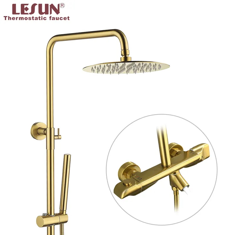 Set doccia in oro spazzolato per sanitari per interni sistema doccia in rame termostatico per cascata a pioggia per bagno