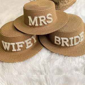 Bachelorette Hen Favor Bridal Shower <b>Gifts</b> Beach Pool <b>Wedding</b> Party Flat Top Wifey Mrs <b>Bride</b> Sun Straw Hats - Product Image 2