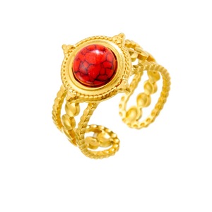 Fashion Court Style Round <b>Red</b> Turquoise Gold Plated Wide Stainless Steel <b>Bracelet</b> Ring Unisex Party Jewelry R548 - Product Image 5
