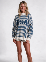 Sweater Mockneck Wanita Bergaris Gaya Barat Polka Dot Katun Fleece Longgar Streetwear Kasual Pullover Atasan