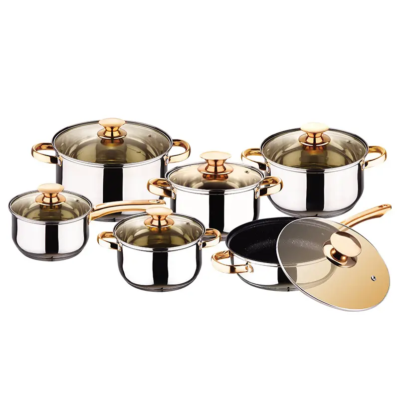 Wholesale 12 Pieces Thickened Stainless Steel Cookware Set with Lid Pan Non-Stick Family Gift Set