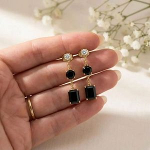 Black Obsidian Faceted Rectangle <b>Earrings</b> with Round Drop Design and CZ Accent Elegant Gemstone <b>Dangle</b> <b>Earrings</b> in 925 Silver - Product Image 5