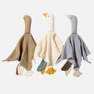 Custom GOTS Organic Muslin Cotton Baby Blanket with Cute Goose Plush Toys Muslin Security Blanket Baby Comforter