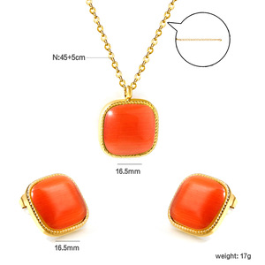 European American Retro <b>Square</b> Cat's Eye Stone Necklace Earring <b>Set</b> Gold Plated Stainless Steel Jewelry For Women - Product Image 4
