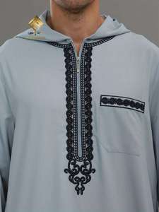Al Haramain Men's White Burqa Long Sleeve Embroidered Cotton <b>Floor</b> Length Loose Fit Middle East Style Prayer Wear Quick Dry - Product Image 5