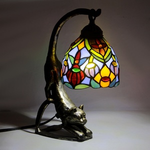 LongHuiJing High-End Cat <b>Base</b> Stained Glass Tiffany <b>Table</b> <b>Lamps</b> Mediterranean Style Bedroom Decor - Product Image 2