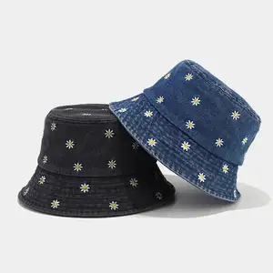新款夏季时尚复古牛仔渔夫帽绣花可折叠盆帽户外防晒遮阳帽