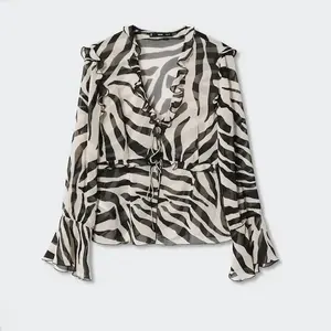 Blusa feminina estampada, nova blusa elegante de chiffon com estampa de animais