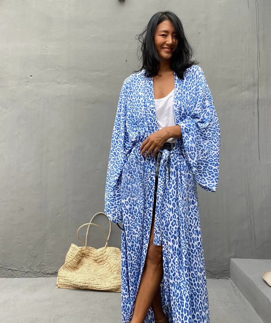 Rayon fabric OEM factory dresses for ladies amazon swim cover up women plus size kimono cardigan blue Leopard top woman blouse