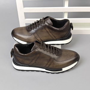 Chaussures décontractées en cuir pour hommes, à lacets, bout rond, respirantes, semelle extérieure en caoutchouc, semelle intermédiaire en EVA, toutes saisons, couleur unie - Product Image 2