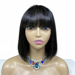 Perruque <span class=keywords><strong>courte</strong></span> et droite pour femme, style bob, <span class=keywords><strong>avec</strong></span> <span class=keywords><strong>frange</strong></span>, entièrement tissée à la main, perméable et colorable, pour tête entière, style européen et américain - Product Image 1