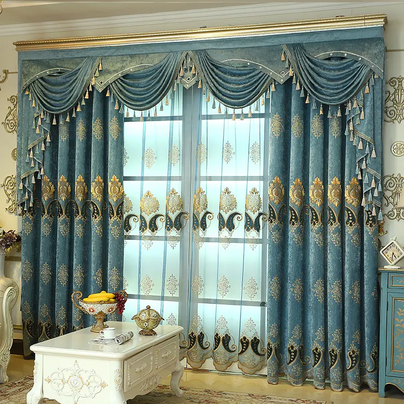 Cortinas de tule bordados europeus, cortinas de janela de luxo para sala de estar com valância