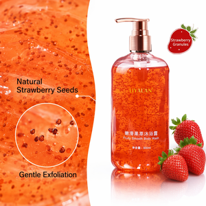 <span class=keywords><strong>Gel</strong></span> <span class=keywords><strong>Douche</strong></span> Exfoliant à la Fraise en Gros, Lissant, avec Granules de Fruits Naturels, Marque Privée OEM 500ml, Logo Personnalisé - Product Image 1