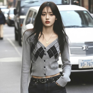 Cárdigan de Punto con Bloques de Color Estilo Preppy para Mujer, Cuello en V, Botones en la Parte Delantera, Ajuste Entallado, Manga Larga - Product Image 1