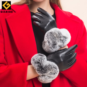 Giá rẻ invierno cảm ứng ấm cuero Rex thỏ Lông Mùa Đông phụ nữ da cừu Găng Tay Da - Product Image 3